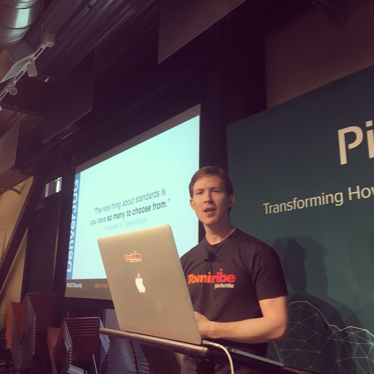 GregOstravich's tweet photo. David Blevins @dblevins from Tomitribe @tomitribe on Deconstructing REST Security (https://t.co/b71DUFZ02e) at the @denverjug 
https://t.co/wW2FuA6P3r #RESTSecurity https://t.co/x3VKSR7UDQ
