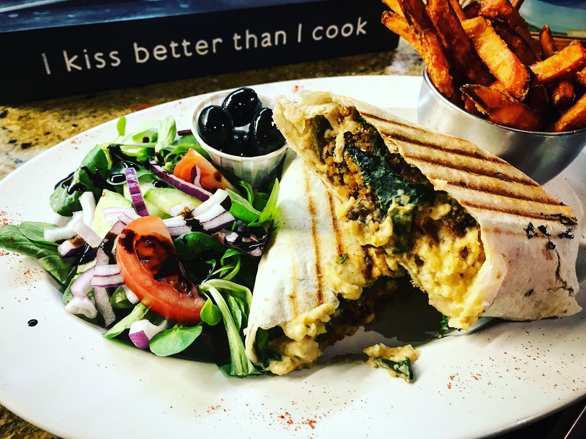 Vegan felafel with hummus and roasted Mediterranean veg and sweet potato fries <a href="/hannahswk/">Hannah's west kirby</a>