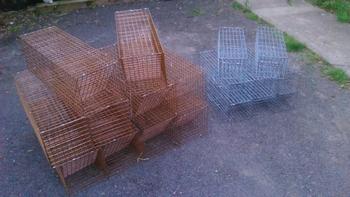 HandyTraps's tweet photo. Rabbit cage traps made from self colour weldmesh as the customer wants them to blend in with the countryside. Squirrel traps made from galvanised weldmesh on the right hand side. These have spring loaded doors https://t.co/PsUagkuCjw