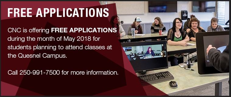 CNCQues's tweet photo. ONLINE APPLICATIONS are free in May. We're waiving the $40 application fee for  academic and trades programs. To get your application code, drop by, email  quesnel@cnc.bc.ca, call 250-991-7500 directly or use x 7638, or x 7659. #cncques https://t.co/rE124BbfHQ