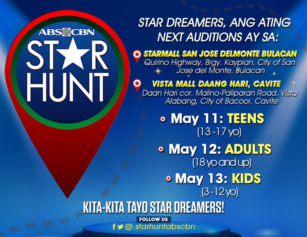starhuntabscbn's tweet image. Magkita-kita tayong ngayong Friday, May 11 hanggang May 13  sa San Jose del Monte, Bulacan at Bacoor, Cavite, STAR DREAMERS! #StarHunt