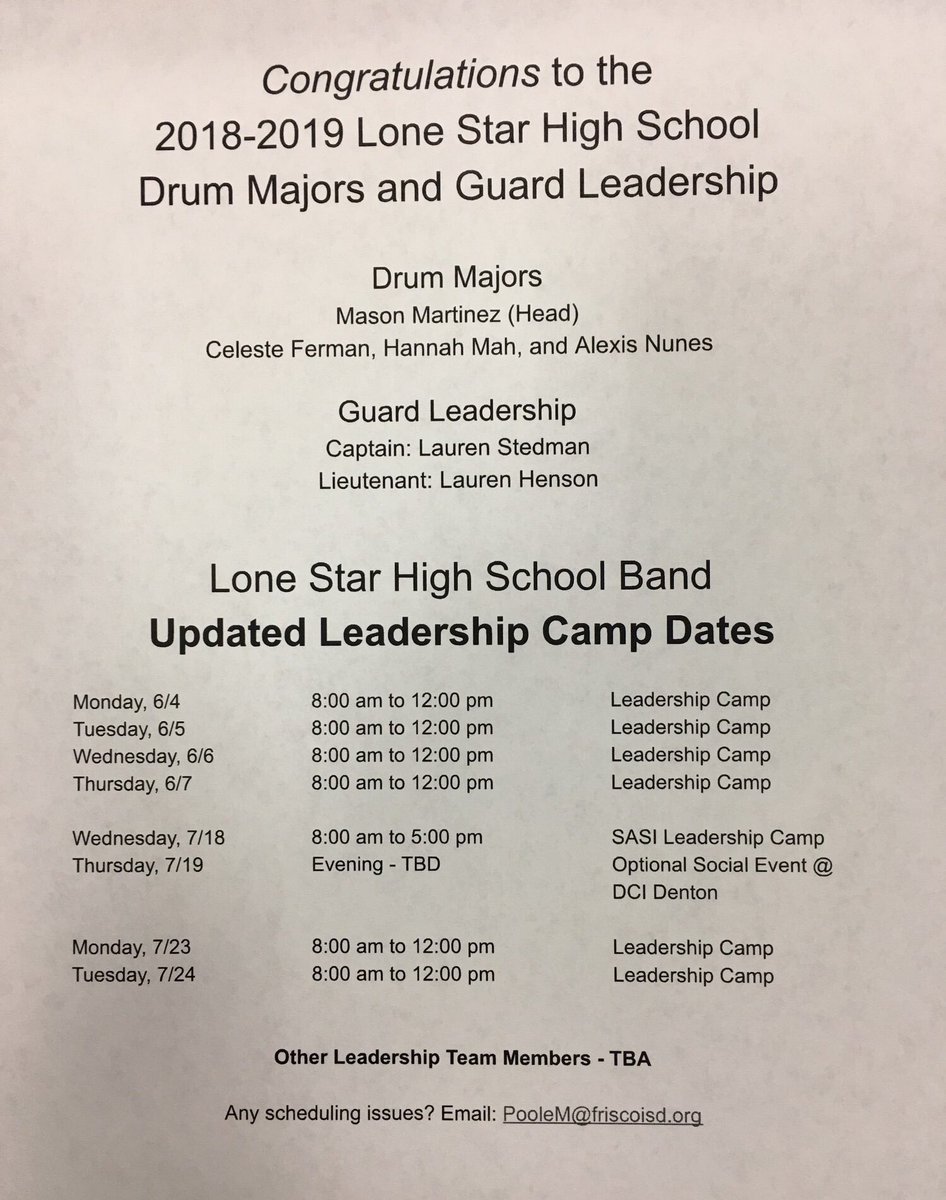 Congratulations to the 2018-2019 Lone Star HS Band Drum Majors and Guard Leadership team!