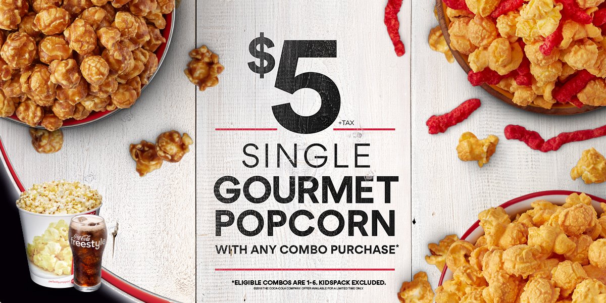 Pop in to AMC and get a $5 Single Gourmet Popcorn with any eligible combo purchase! Take your pick from Caramel, Cheddar, or our new Spicy Cheddar Crunch Gourmet popcorn. For participating theatres: amc.film/2re6YWL