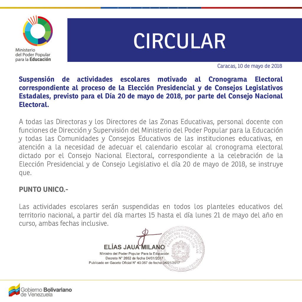 MaestraTuItera's tweet photo. El @MPPEDUCACION informa: Las actividades escolares serán suspendidas en todos los planteles educativos del territorio nacional a partir del día martes 15 hasta el día lunes 21 de mayo de 2018, ambas fechas inclusive motivado a la elección presidencial y consejos legislativos. https://t.co/qvkAsWXngp