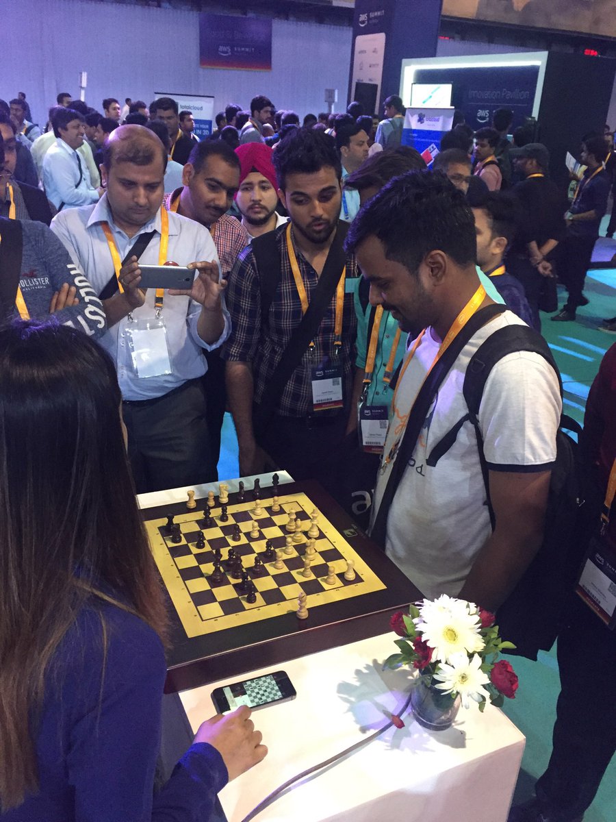 The coolest section of the #AWSSummit @awscloud is the innovation pavilion. Seen here is the AI enabled chess board from @getsquareoff . You can play with this board with a computer or with anyone anywhere in the world. The pieces move automatically.