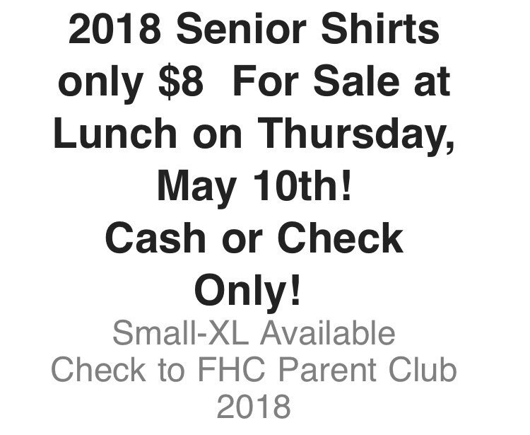 fhcclub2018's tweet photo. Senior tshirts for sale tomorrow during lunches. $8 each S-XL. (This is NOT the Party Central shirt) @FHCAD @FHCParentClub https://t.co/YfL6ssibQ4