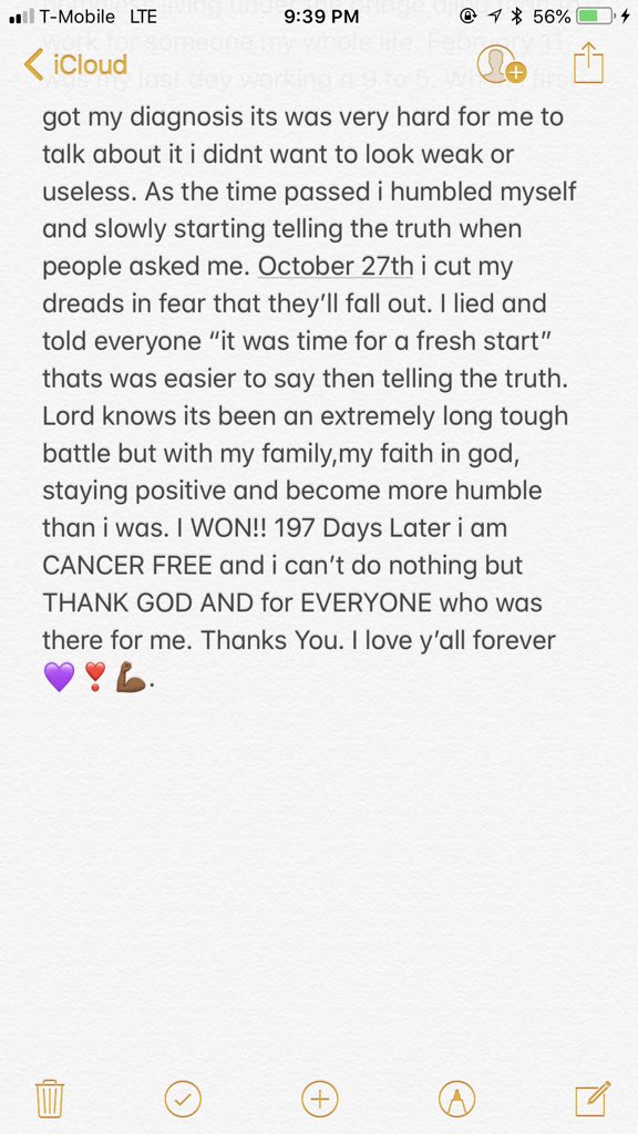 poppachulio5's tweet photo. I WON!! 197 Days Later i am CANCER FREE and i can’t do nothing but THANK GOD AND for EVERYONE who was there for me. Thanks You. I love y’all forever 💜❣️💪🏾. https://t.co/JBAmQwvTPx