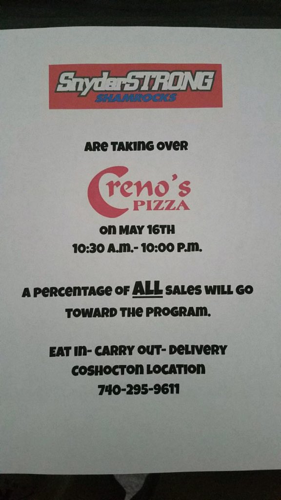 PioneerPat01's tweet photo. If you need something good to eat next Wednesday May 16. Head on over to Crenos’s and help support the SnyderSTRONG baseball team. https://t.co/LOWGvkno0e