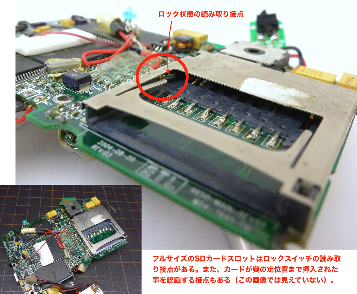 Takuro A Twitter フルサイズ Sdカード の書き込みロックスイッチ認識と挿入認識の接点およびカードロックの仕組み 複雑で容積を取る割りに必要性が薄いのでmini Sd以下のサイズでは省略された機構 カード認識接点とロックスイッチ接点は共にノーマルオープンで