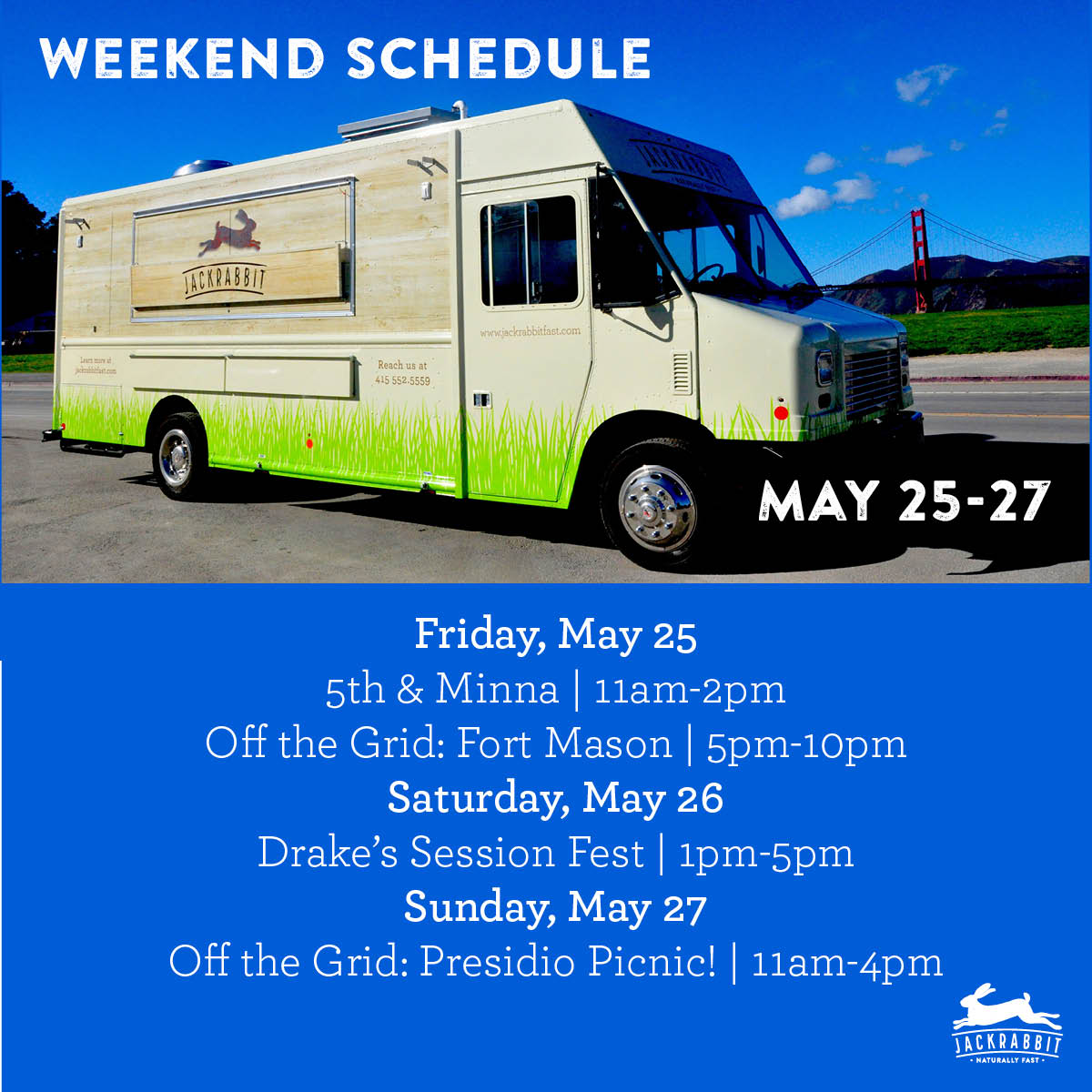 Schedule alert! Headed to <a href="/otgsf/">Off the Grid</a> 5th &amp; Minna for lunch tomorrow, #FortMason tomorrow night, <a href="/DrakesBeer/">Drake's Brewing Co.</a> #SessionFest in Jack London Saturday, and #PresidioPicnic on Sunday! What a weekend. Let's do this.