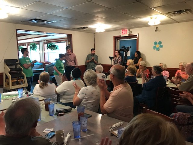 FredHubbell's tweet photo. The #FiredUpForFred Bus 🚐 stopped in Ottumwa this morning to get Iowans excited to VOTE 🗳️ June 5th! Special thanks to @PattyforIowa for joining us again, on her second leg of the tour! #iagov https://t.co/MzMYfmIShG