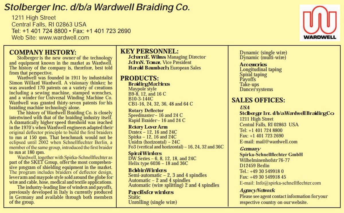 Wardwell_Co's tweet photo. #ThrowbackThursday - We are featured on page 35 of the 2014 Wire &amp; Cable Technology International Companies Profile Edition:
https://t.co/t7UdxhwIo4
#wire #cables #technology #international #braidingmachine #wirebraiding #cablebraiding #RhodeIslandManufacturing #wireandcable #mfg https://t.co/dce5wakh7E