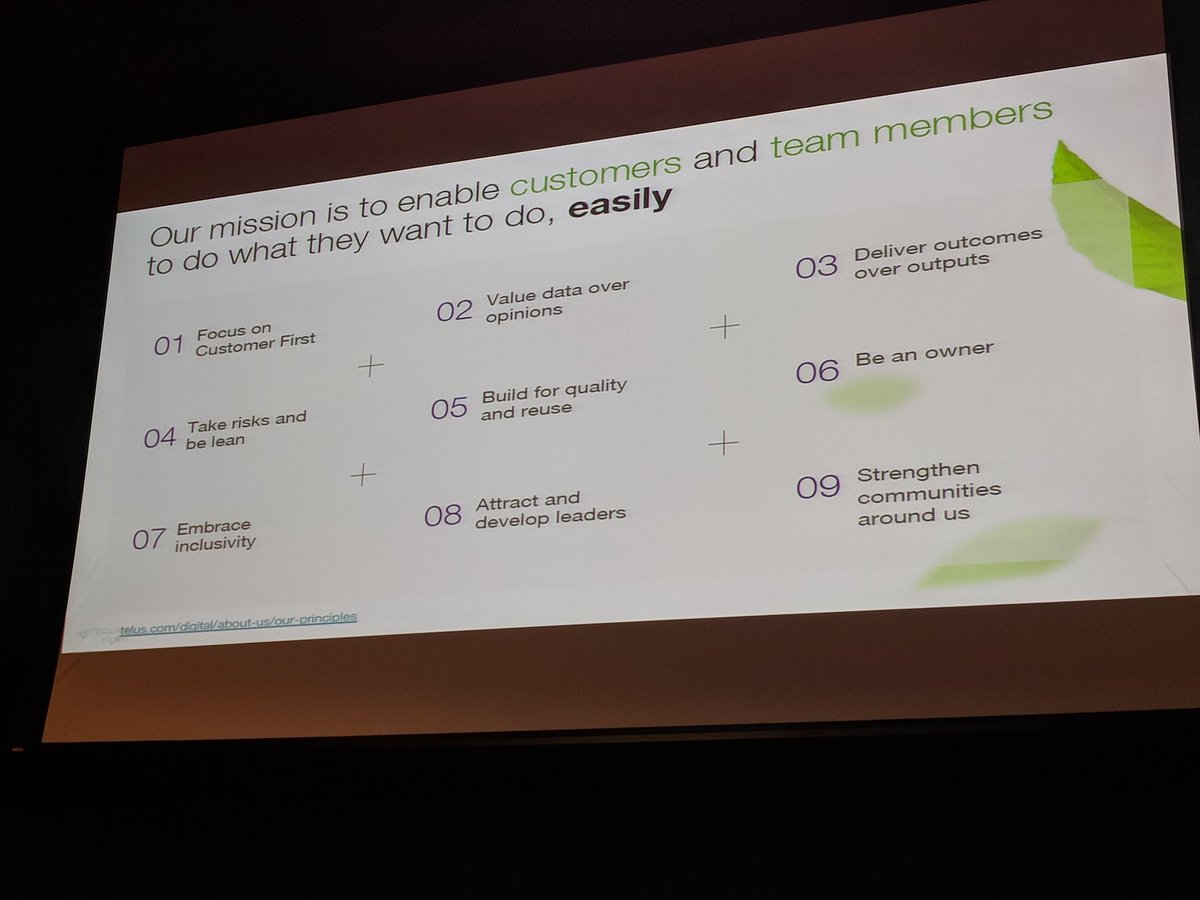 explodeconf's tweet image. Sage principles from @telusdigital as presented by Josh Arndt. Customer first, data over opinions, outcomes over outputs, take risks and be lean, build for quality and reuse, be an owner, embrace inclusivity, attract and develop leaders, strengthen communities. #ExplodeConf18