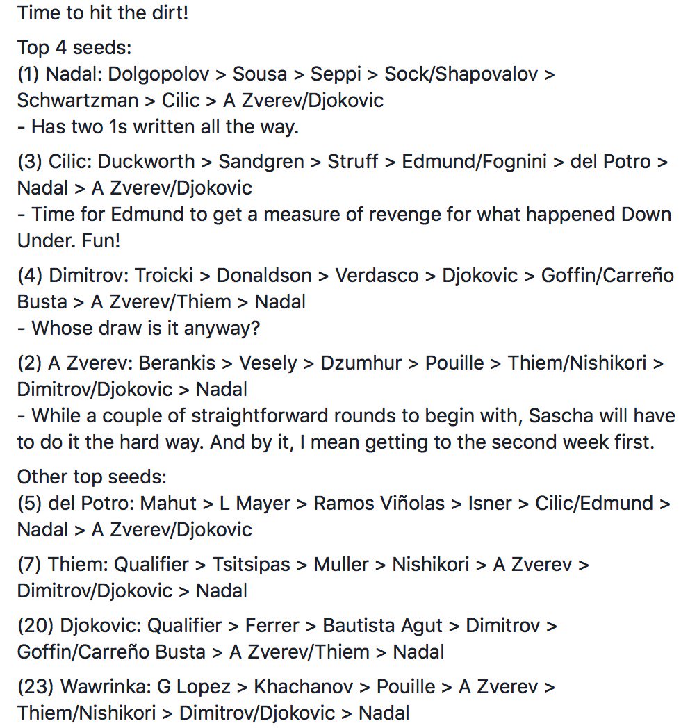 Lord_Kartz's tweet photo. Customary draw breakdown, for whatever it is worth. Can see only one thing happening in three Sundays' time. #UnDecima #RG18

On a side note, look fwd to seeing two other Slam champs get their socks dirty! #WawaNole

#FrenchOpen #RolandGarros #VamosRafa #Nadal #GiveItToHimAlready https://t.co/3sUEan3tXr