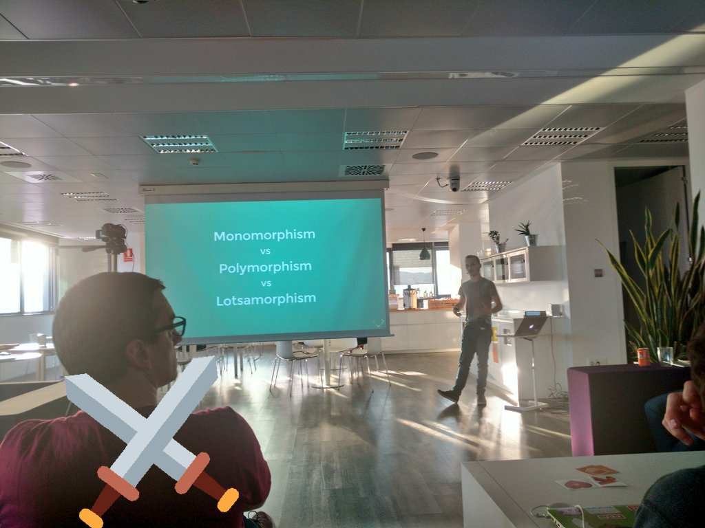 rubnvp's tweet photo. what is monomorphism and when should we care? great talk by @blakenewman at @NetcentricHQ in the @vuejsroadtrip #barcelona
#js #jsperformance https://t.co/4tw0cryGdE