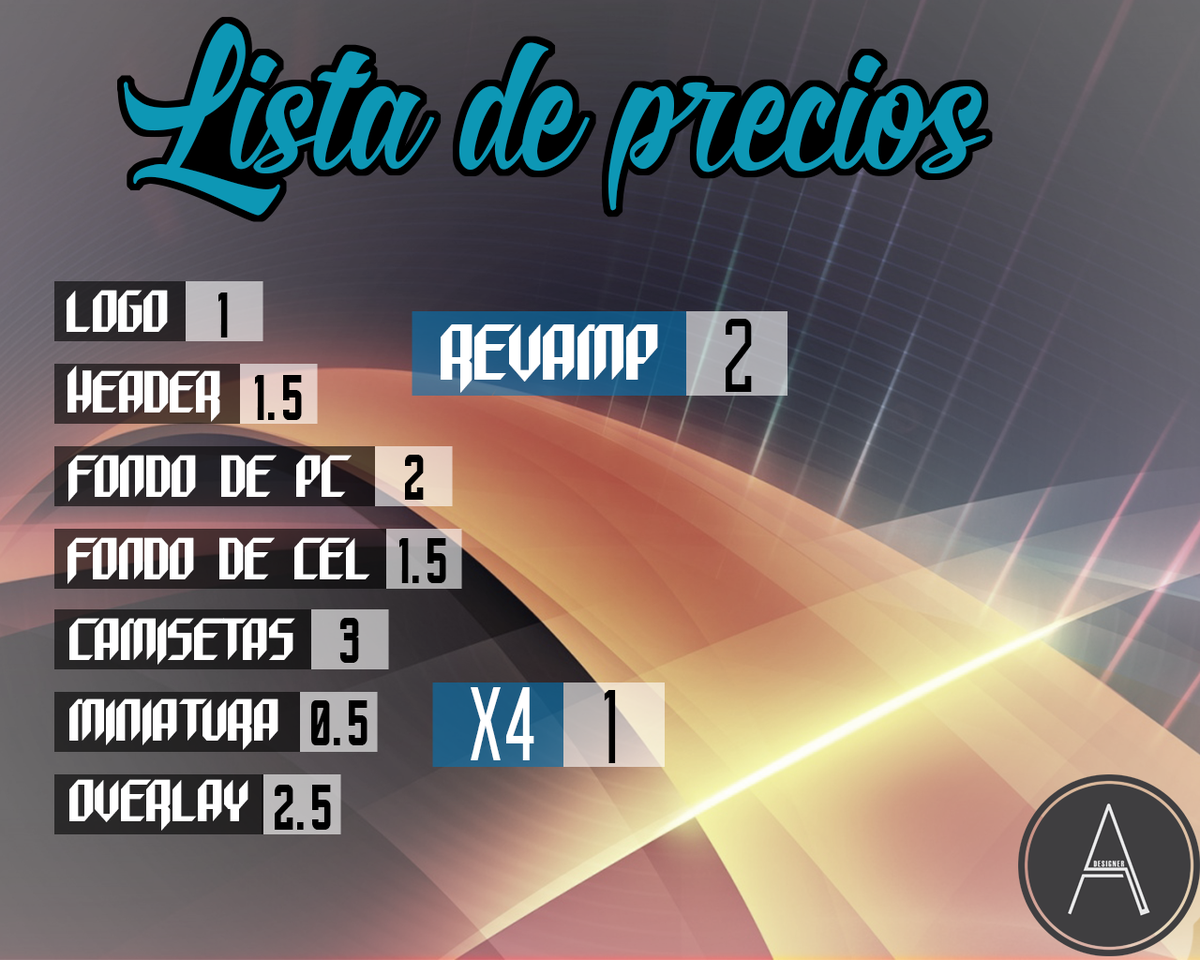 Lista de Precios
•Se Paga Via Paypal•
•Moneda USD•
•Diseños Por RT por MD•
RT Para Difundir
Se Agradece mucho ;]