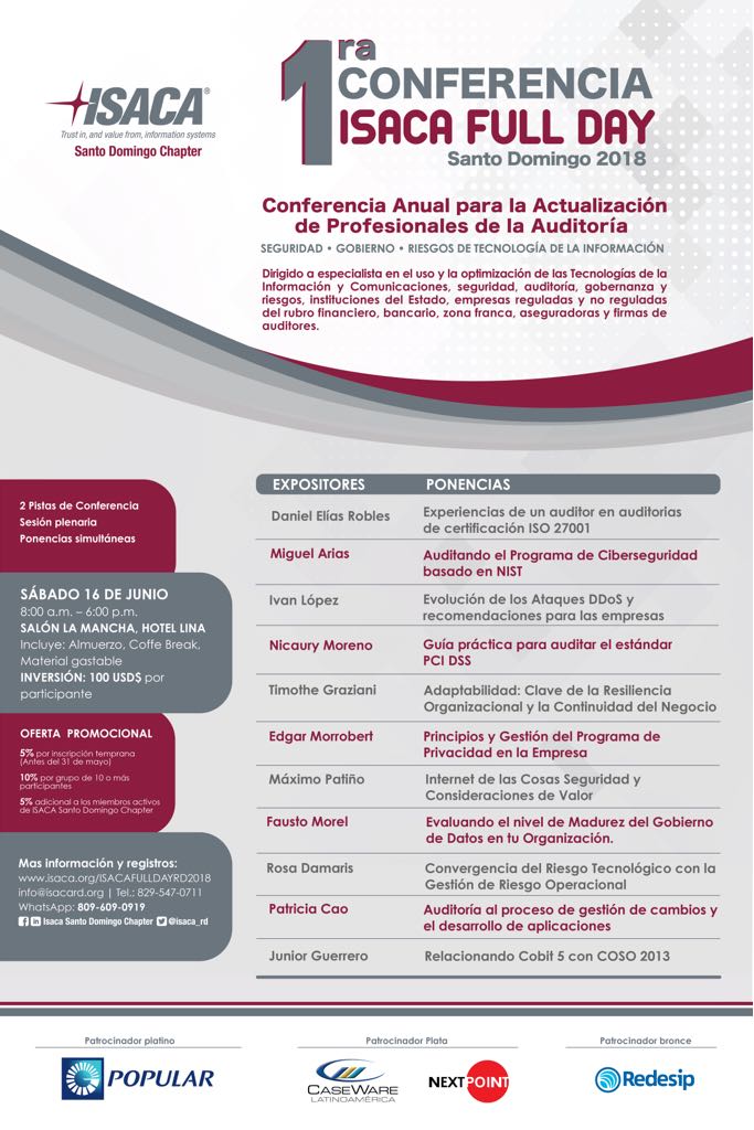 emorrobert's tweet photo. Aun está a tiempo de formar parte de este importante evento #IsacaFullDayRD18 @isaca_rd @ISACANews https://t.co/hfNnAiuGVP