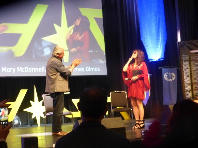 Anele124's tweet image. It speaks volumes about the quality of #BSG when even after 9 years the Admiral tears up while talking about Laura's ending. 
Thank you @edwardjolmos and @MaryMcDonnell10 for sharing this memory in the #SpaceParents panel - although it hurt (us all). Very honored. #crazyweekend