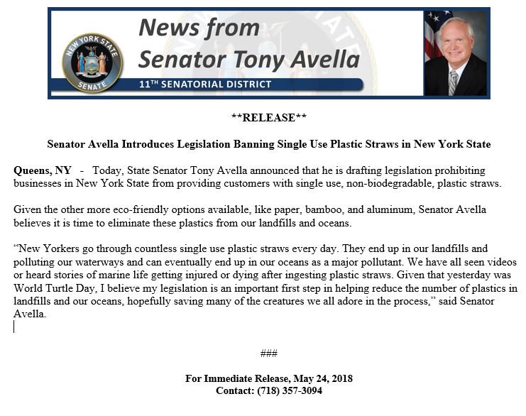TonyAvella's tweet photo. I am introducing legislation prohibiting businesses in New York State from providing customers with single use, non-biodegradable, plastic straws. #worldturtleday #banplasticstraws #plasticpollution https://t.co/Dt0PI5wWGr