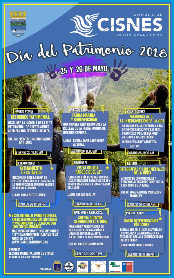 RedTurismoChile's tweet photo. Compartimos esta gran invitación de la comuna de #Cisnes #Patagonia #Aysén por el #DiaDelPatrimonio #2018 🍃🏔 #PuertoCisnes #Puyuhuapi #LaJunta #RaulMarinBalmaceda 👣 https://t.co/jEJCEdHPnV