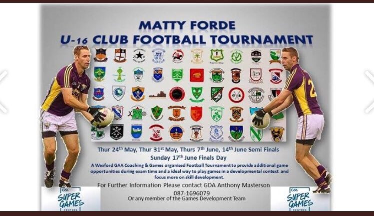 First round of the <a href="/OfficialWexGAA/">Wexford GAA</a> Matty Forde Cup u16 Football gets underway tonight and over the coming wknd 🏐 
<a href="/stjosephswexgaa/">St. Joseph's GAA Club Wexford</a> v <a href="/MonageerBoolavo/">MonageerBoolavogue</a> . <a href="/taghmoncamross/">Taghmon Camross GAA</a> v <a href="/AdamstownGAA/">Adamstown GAA Club</a> . <a href="/CastletownM/">Castletown Liam Mellows</a> v <a href="/craanford/">Mary Roche</a>. <a href="/kilaneringaa/">Kilanerin GAA Club</a> v <a href="/BallyhogueClub/">Ballyhogue GAA Club</a> . <a href="/GORahillys/">Gusserane O'Rahillys</a> v <a href="/stjamesgaaclub/">stjamesgaaclub</a> .