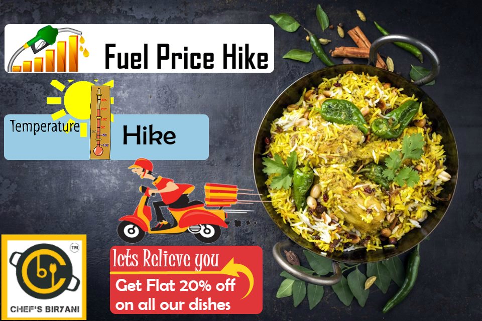 Fuel price⬆
Temperature⬆
Let biryani relive you🍲
Flat 20% off on all our dishes @ ChefsBiryani😍
To Order Online Call Us @7400180120 
#biryani #fuelpricehike #temperaturehike #letsrelieveyou #petrolprice #Swiggy #Raazi #Aliabhatt #Race3 #Salmankhan #Deliciousandtasty #Happy