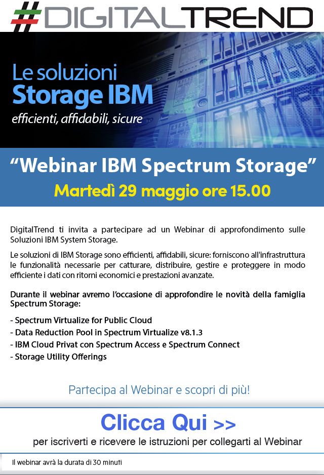 DigitaltrendIta's tweet photo. Webinar “IBM Spectrum Storage”- Martedì 29 maggio ore 15.00, iscriviti!  https://t.co/R4LJ5mzpgf https://t.co/ZNmNgXmgai