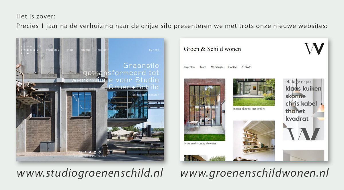 Het zover: precies 1 jaar na de verhuizing naar de Grijze Silo presenteren we met trots onze nieuwe websites: studiogroenenschild.nl  met ons werk in de openbare ruimte. groenenschildwonen.nl met ons werk voor particulieren.