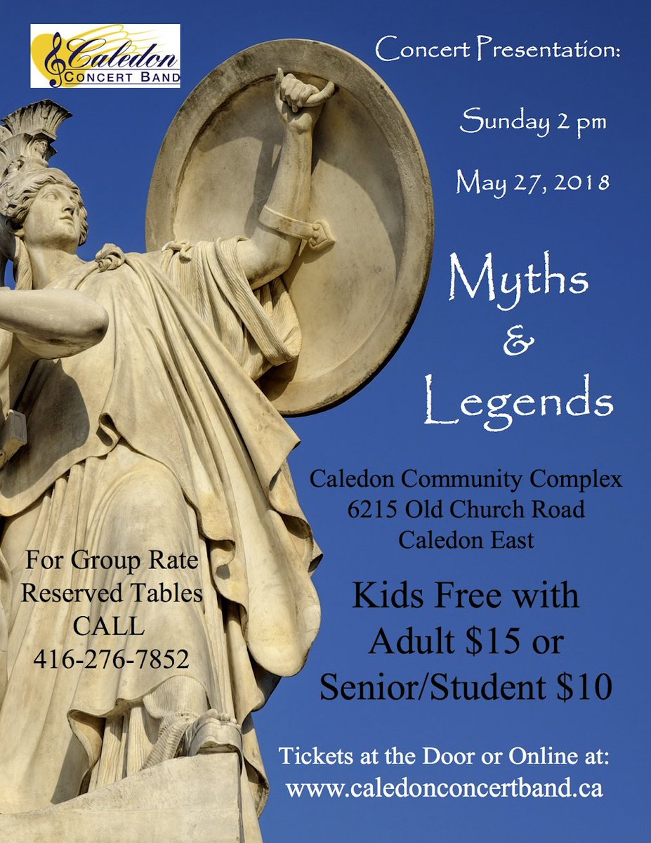 Just a reminder that the Caledon concert bands Myths &amp; Legends concert is coming up this Sunday the 27th of May. It's going be a great day full of music and mystery, so be sure to go online and get your tickets now!