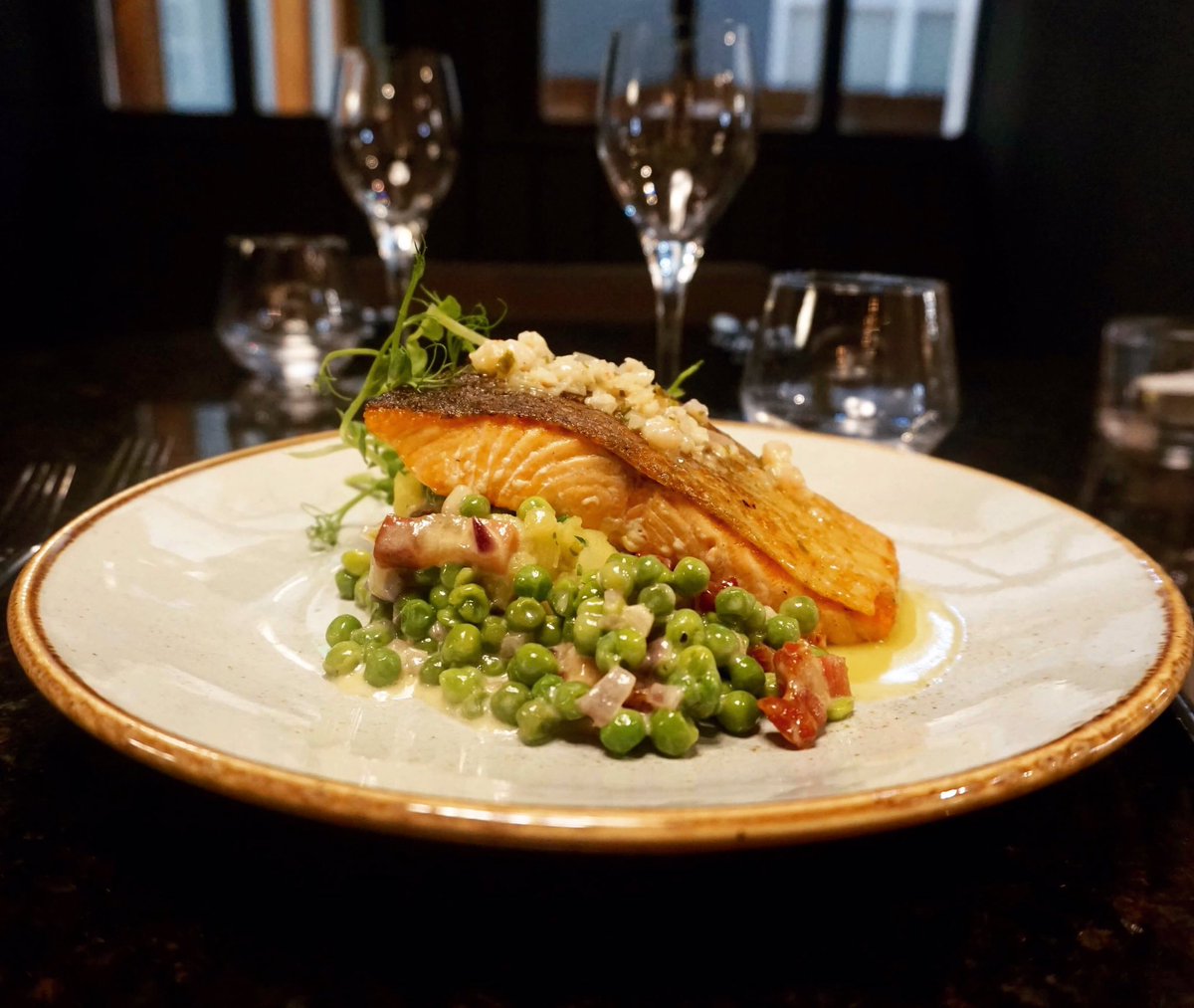 Salmon fillet, peas bonne femme, chive and prawn butter, crushed new potato #SwanStafford #WDYT #Stafford #Brasserie #NewMenu #BookNow