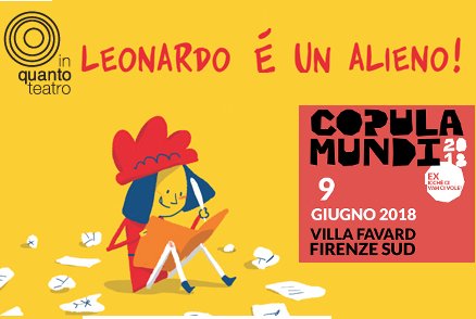 "Leonardo è un alieno!" ospite del Copula Mundi Festival 2018 
#spettacolo #kamishibai
🚴‍♂️🚴‍♀️Villa Favard>> sabato 9 giugno ore 19.30🚴‍♂️🚴‍♀️
>>Ingresso gratuito<<
<a href="/GiacomoBogani/">Giacomo Bogani</a> <a href="/afa_falcone/">Andrea Falcone</a> <a href="/JuliaLomuto/">Julia Lomuto</a> GiovanniGastaldi AntonellaMassaro  #estatefi #vediamoci