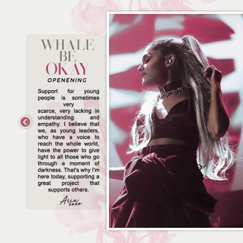 ㅤ           🐳┊Whale Be Okay.
ㅤ          ㅤ    #WhaleBeOkayParty.
ㅤ          ㅤ    May, 23.

Ayer estuve presente en la inauguración de esta hermosa fundación. Elegí dos de mis canciones e hice un cover de "Firework", todas con mensajes para aquellos que buscan apoyo.