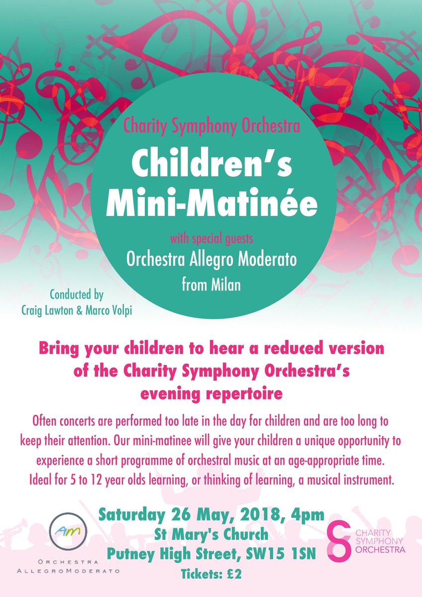 CharitySymphony's tweet photo. This Saturday!! 2 concerts
#MiniMatinee for children 4pm
#AngloItalian #Concert , 7.30pm
#Tchaikovsky #SwanLake
#Copland 4 Dances #Rodeo
Plus music by #Rossini #Elgar #Beethoven #Mussorgsky
@StMarysPutney
#Putney #SW15 #LiveMusic #Fundraising #Milan https://t.co/qnfaWwp2op