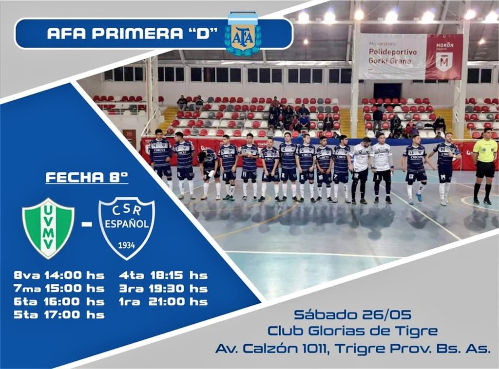 #FutsalAFA 
<a href="/centroefutsal/">Centro Español Futsal AFA</a> vs. <a href="/MviejoFutsal/">Monte Viejo futsal</a> 
📌 Sábado 26 
🏟️ Club Glorias de Tigre