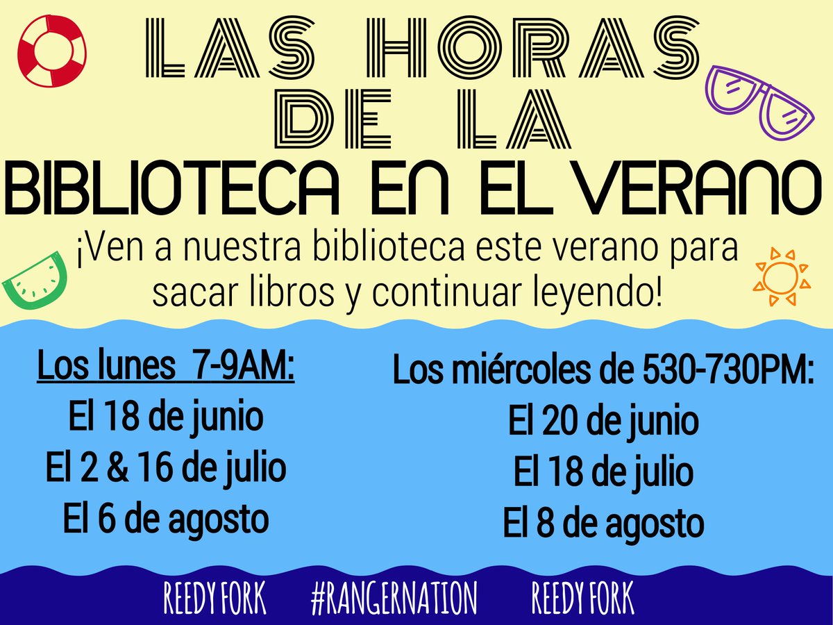 ReedyForkEle's tweet photo. Reedy Fork Elementary 2018 Summer Library (Book Check-Out) Hours 
[Reedy Fork and Hampton students are welcome!]
#RangerNation #TheFork #RangersRead #GCSLMSProud 
@technerdgeek @WhitneyOakley93 @GCSchoolsNC @scontrerasGCS https://t.co/hnF4IJS8wl