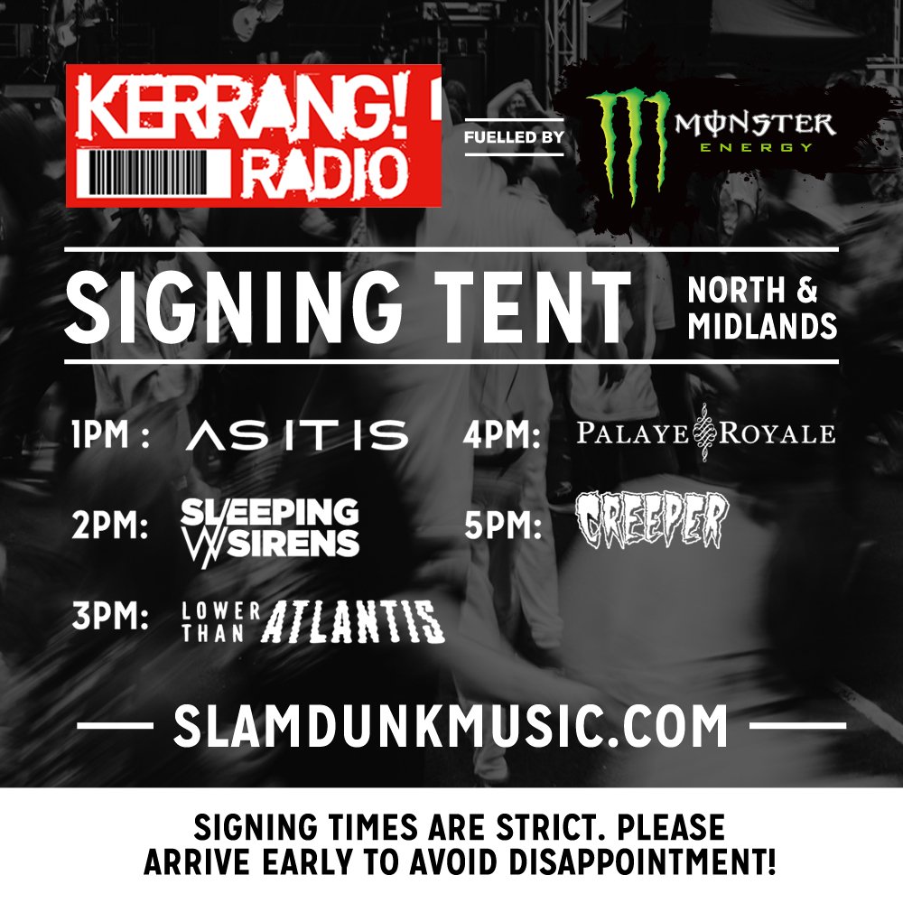 SlamDunkMusic's tweet photo. THE #SDF18 SIGNING TENT LINE-UP IS FINALLY HERE AND LOOK AT IT! LOOK AT IT RIGHT NOW! Times are up on the app so you can schedule in your signing sesh too. Thanks to @KerrangRadio &amp; @MonsterEnergyUK, we will see you soon!! https://t.co/ng4yHvwosv https://t.co/fTNJxaeaf2
