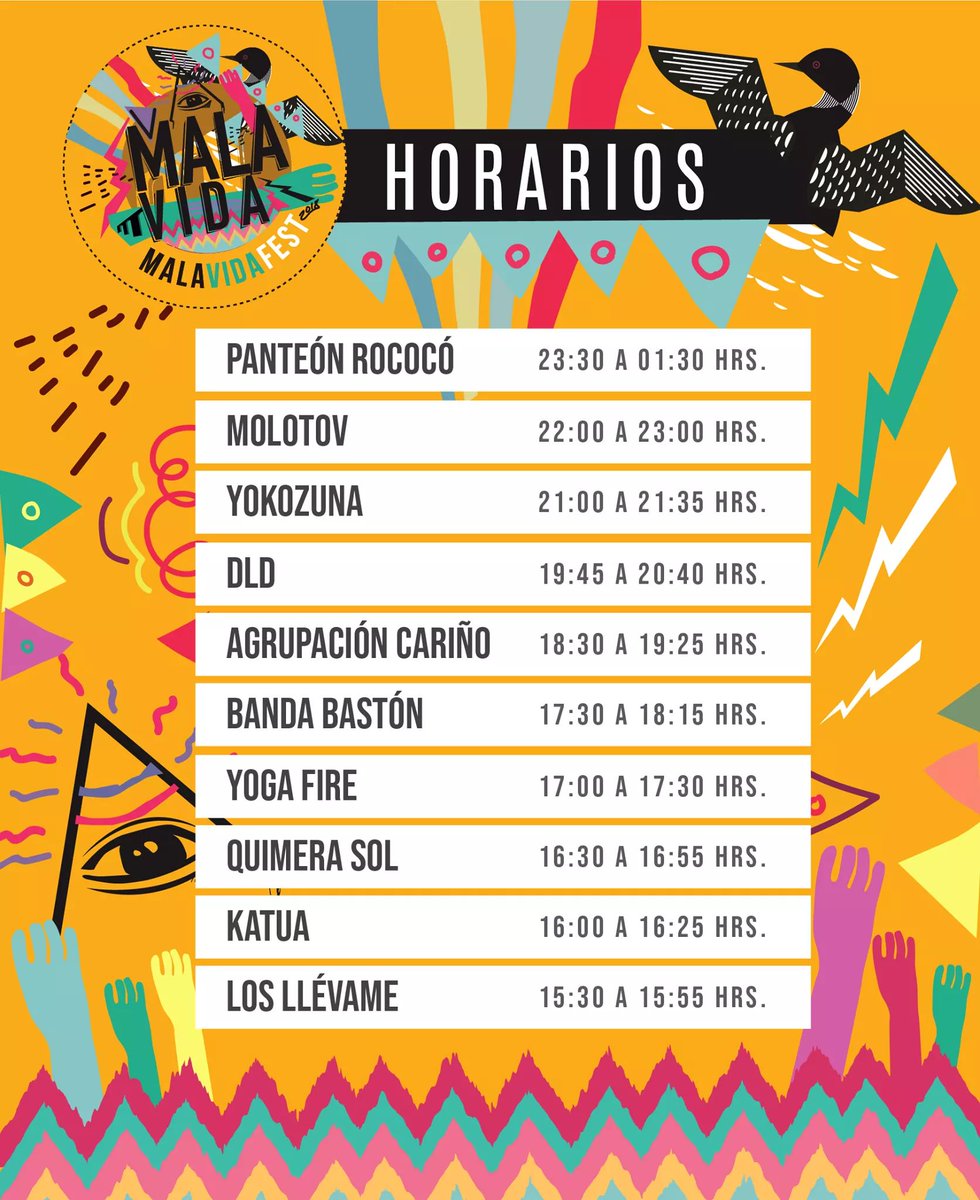 QrockMusic's tweet photo. Listos los horarios para #MalaVidaFest con @RococoTweets @MolotovBanda @dldmexico @yokozunarock @agrupacion @LaBandaBaston @YogaFireMx @losllevame #QuineraSol #Katua @EkoosEntreteni1 https://t.co/dKws8NfgqK