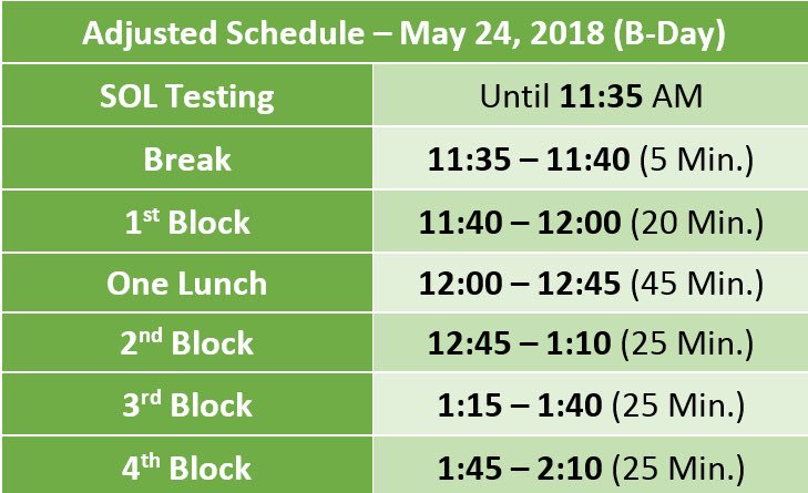 GRHS_Stallions's tweet photo. Here is our adjusted schedule for today, 5/24. https://t.co/Xc958Lsi6l
