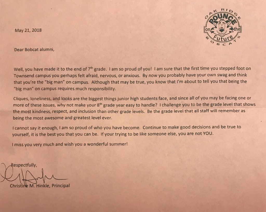 Thank you to Dr. Hinkle for sending this positive letter to our 7th graders that attended Oak Ridge. We know they will take your advice with pride. #tjhs