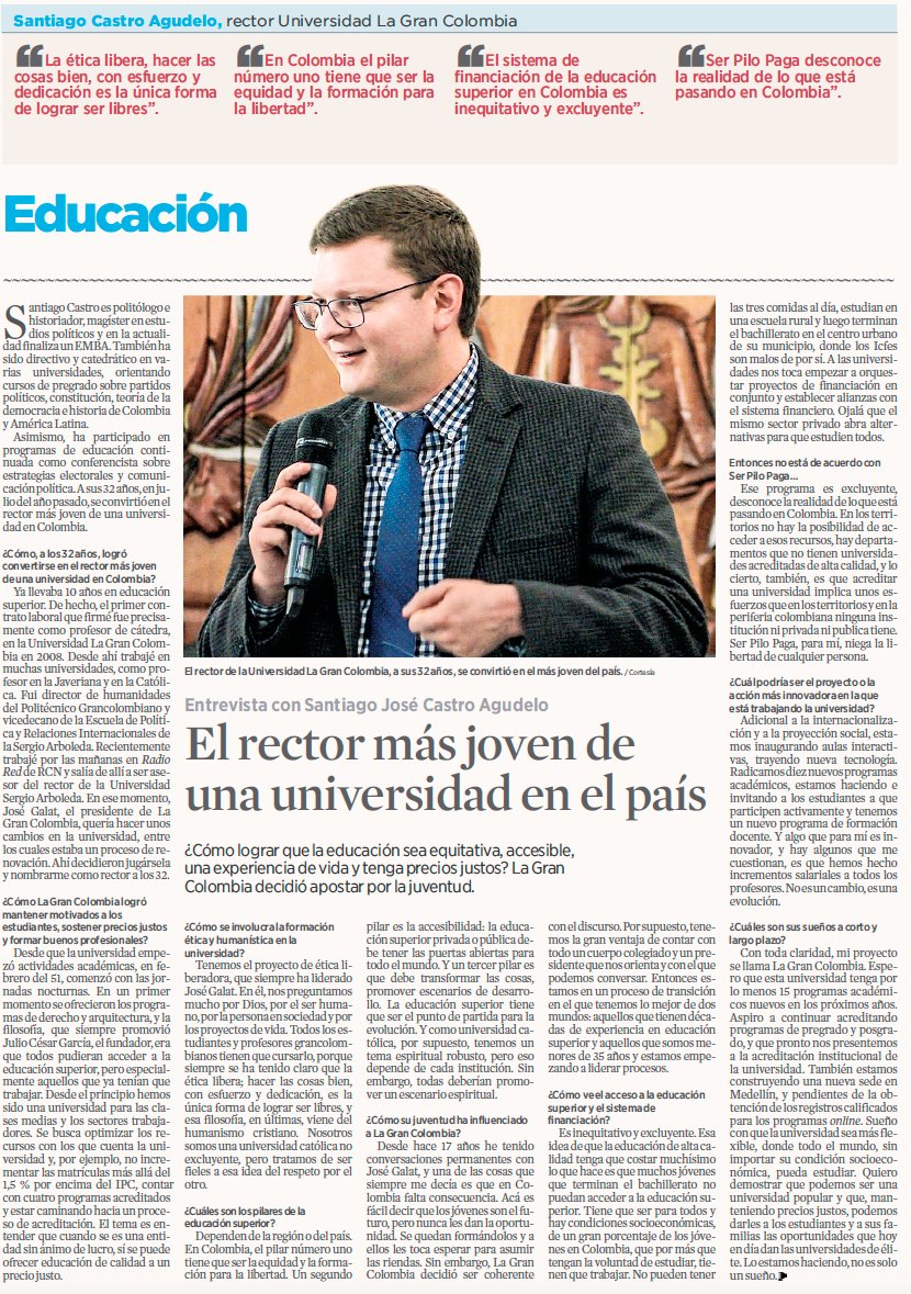ULaGranColombia's tweet photo. #OrgulloUGC Hoy la Universidad UGC se siente orgullosa.Te invitamos a leer la entrevista del Rector, Santiago José Castro Agudelo en El Espectador ‘’El Rector más Joven de una Universidad en el País‘’ Lee la entrevista completa aquí https://t.co/F8Z0XTwepy

#UnaExperienciadeVida https://t.co/ScduapWa8a