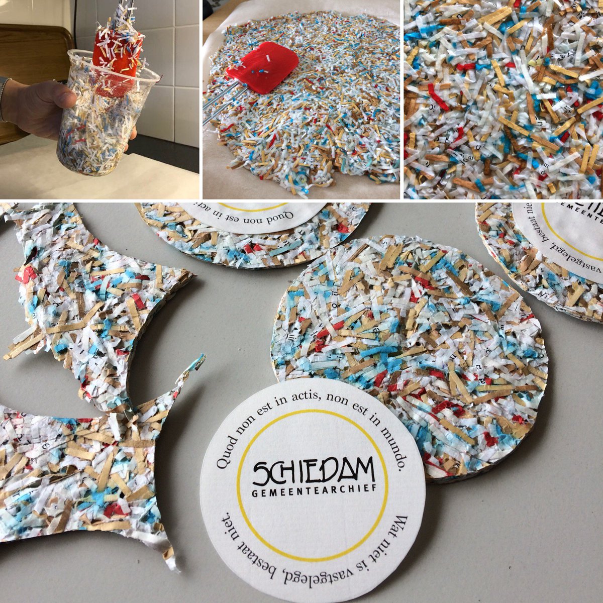 ArchiefSchiedam's tweet image. Voor een presentatie van versnipperd papier onderzetters gemaakt. #itsajob #recycle #oudpapier #archief