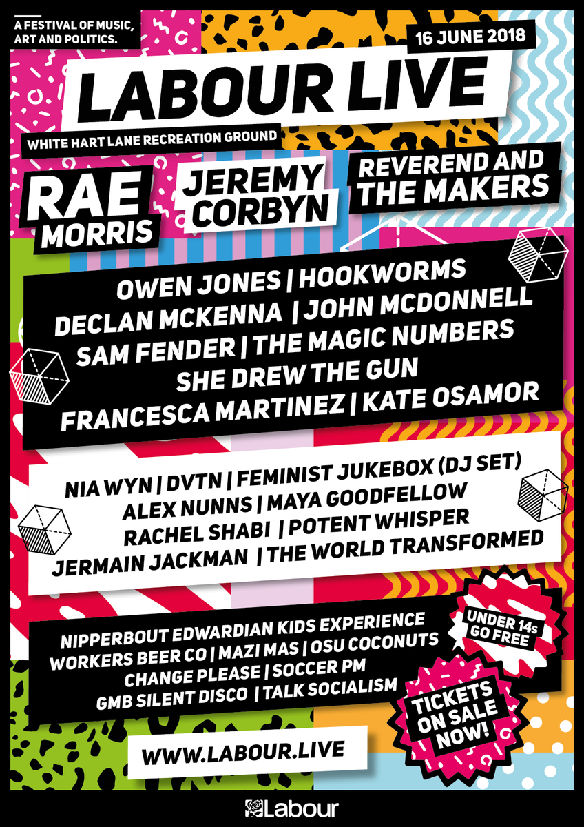 UKLabour's tweet photo. Our line-up for #LabourLive just got even bigger! Check out the full range of acts, speakers and entertainment at White Hart Lane Recreation Ground on 16 June. 

Tickets available now ↓
https://t.co/KKiS3MYvpH https://t.co/kbufXlRxFi
