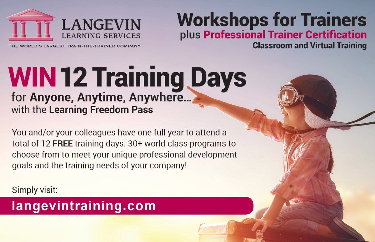 Langevin's tweet image. HURRY! Don&apos;t miss your chance to WIN a Learning Freedom Pass—12 days of training for ANYONE, ANYTIME, ANYWHERE! Enter at tinylls.com/2qSveNF. Contest ends June 1, 2018. #TrainTheTrainer #LearningFreedom #WinWithLangevin