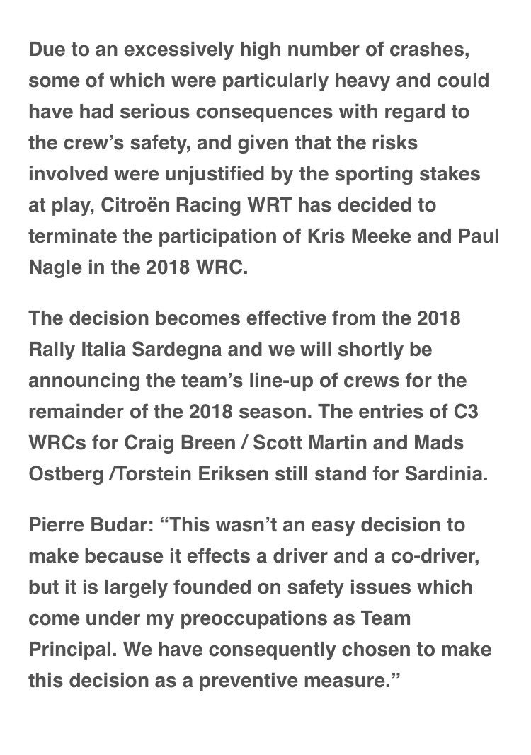 This statement just in from Citroen with regard to Kris Meeke and Paul Nagle