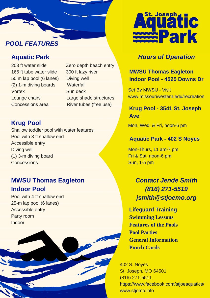The Aquatic Park is tentatively scheduled to open May 26 at noon and Krug Pool is tentatively scheduled to open May 28 at noon - weather and water temperature permitting.  Hope to see you this weekend!  x.com/stjoemoparks/s…