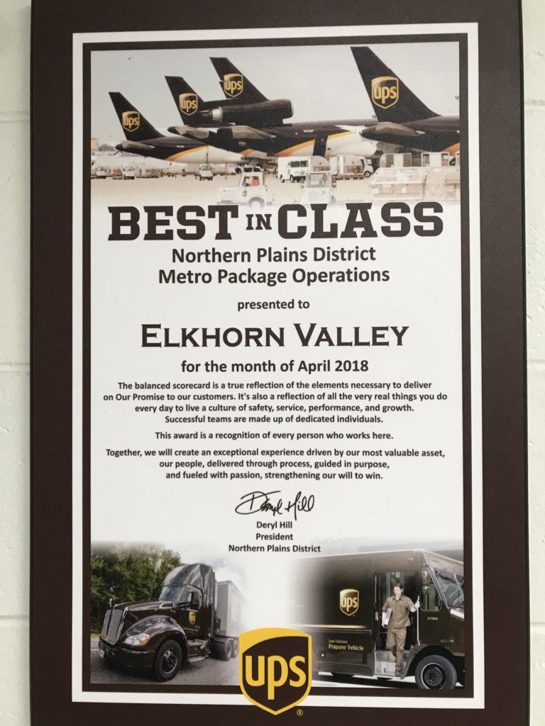 Recognition for the Elkhorn Valley team. #BestInClass#UPSer#Customerservice
