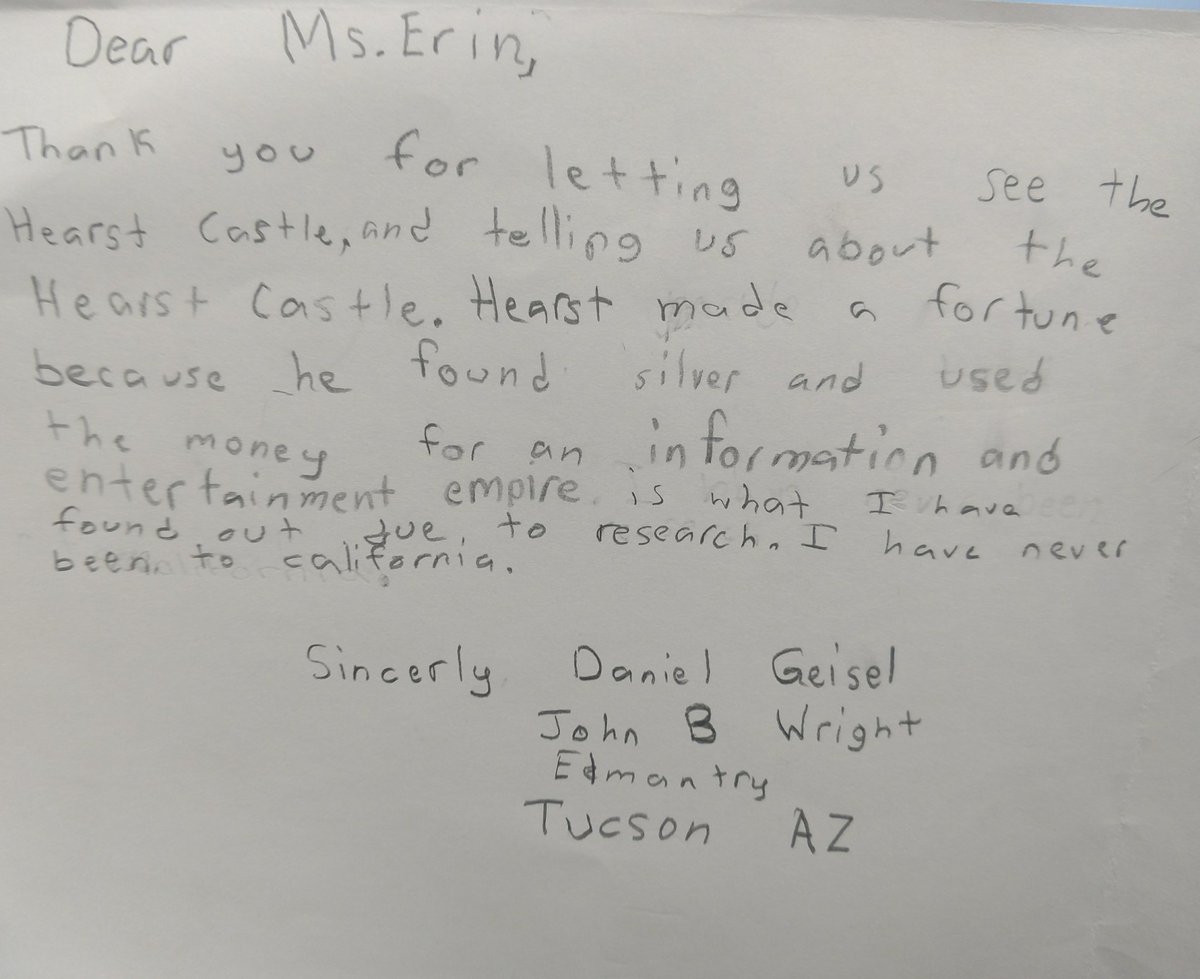 HearstSanSimeon's tweet photo. Thank you 5th graders from John B. Wright Elementary in @EdTech_TUSD  for the reminder of the value of the work the @CAStateParks @portsprogram does! The thank you cards say it all!
 "I've never been to CA" &amp; "I said "Mom! We need to go there in the summer!" #HearstCastle https://t.co/qECN1vcQsr