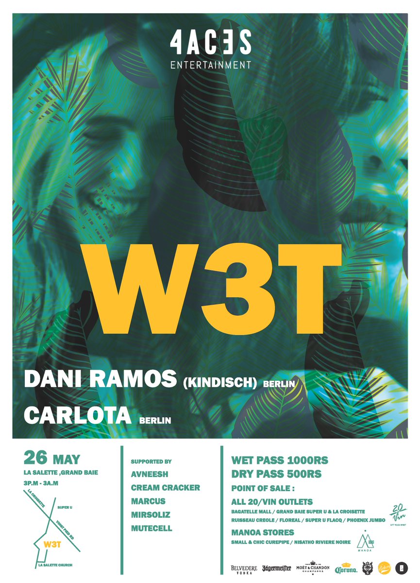 Join us this Saturday the 26th of May for our W3T event!

The event starts at 3PM at La Salette, Grand Baie and we will be partying til 3AM.

WET PASS Rs1000 - DRY PASS Rs500.

#daniramos #W3T #carlota #lasalette #pinkpigeon