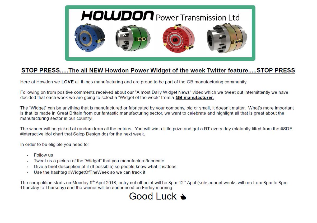 The countdown has started, 2 hours left untill the #WidgetOfTheWeek competition for this week closes!

Get your entries in quickly to be in with a chance of winning the #FAB prize and having a daily tweet showcasing your products.

Almost out of time...

#GBmfg #ukmfg