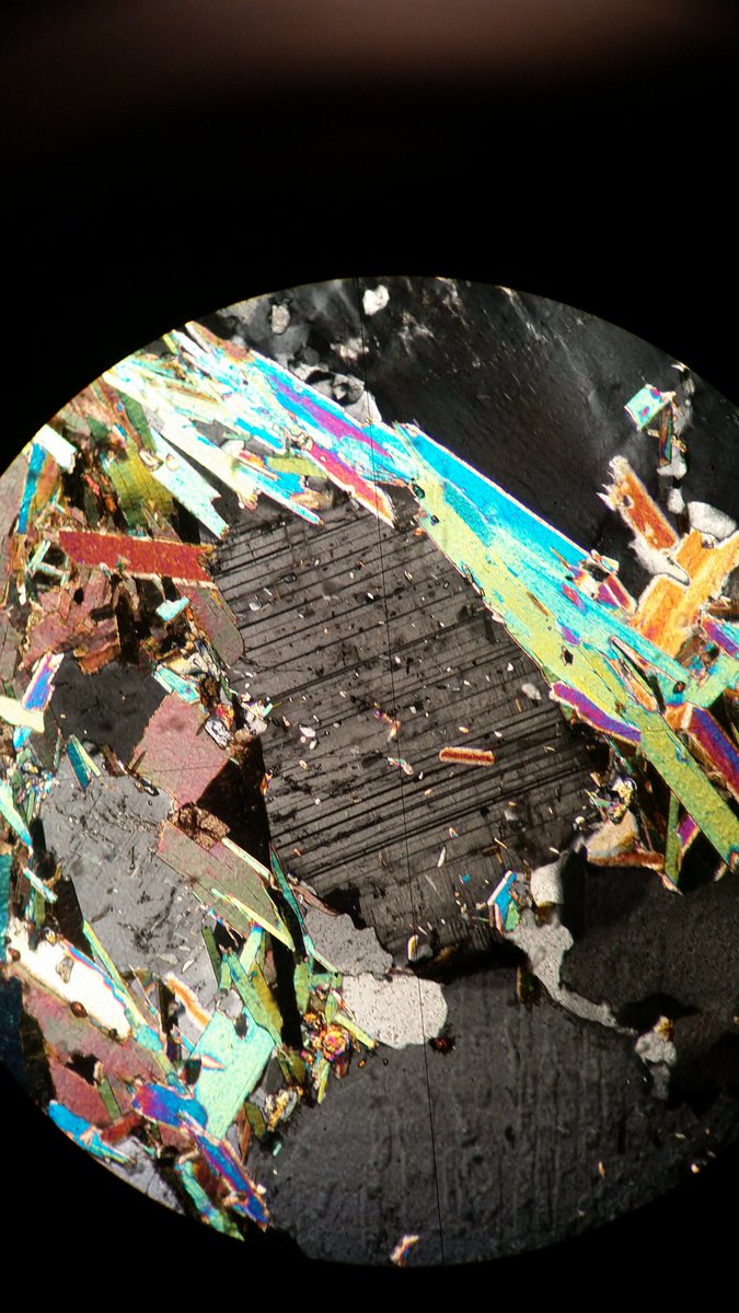 Corvaxia's tweet image. Finally I can post something for #ThinSectionThursday! Only just beginning to learn but who would've thought plagioclase could be such a beauty!